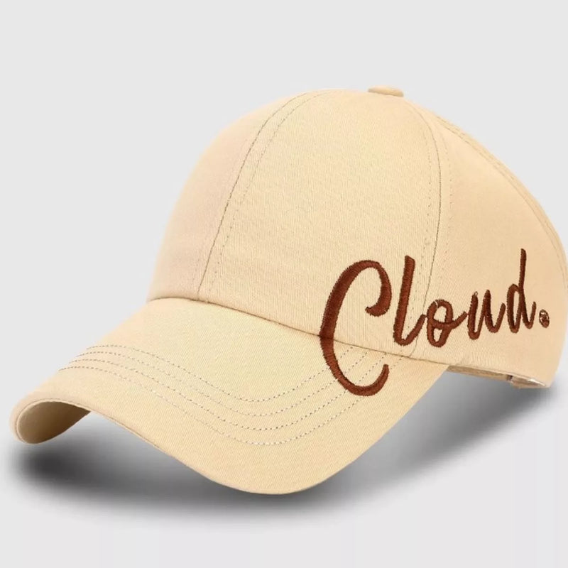 Beige cap with 'Cloud' embroidery on a light gray background