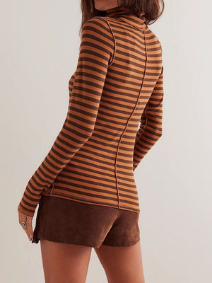 Brown Exposed Seam Striped Turtleneck Long Sleeve T-Shirt