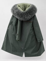 Full view of the back of green Women's Detachable Longline Hooded Parka with Faux Fur Trim and Drawstring Waist