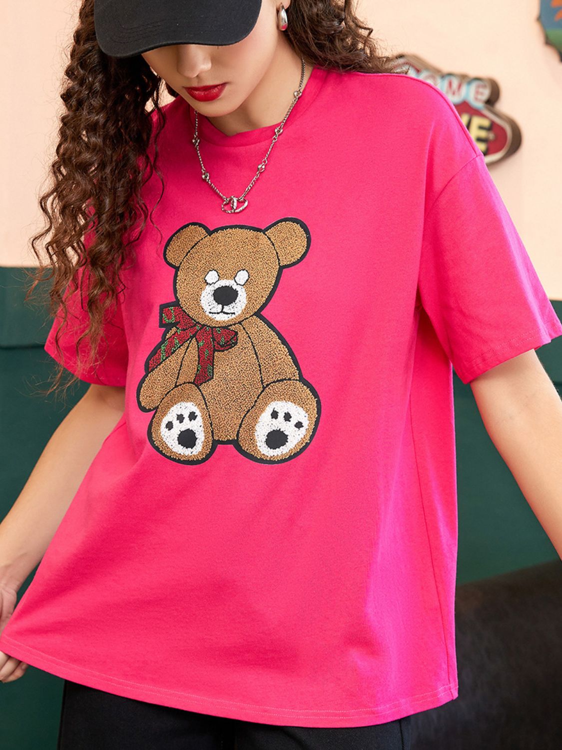 view of teddy bear on the front of Letter Graphic Round Neck Half Sleeve T-Shirt