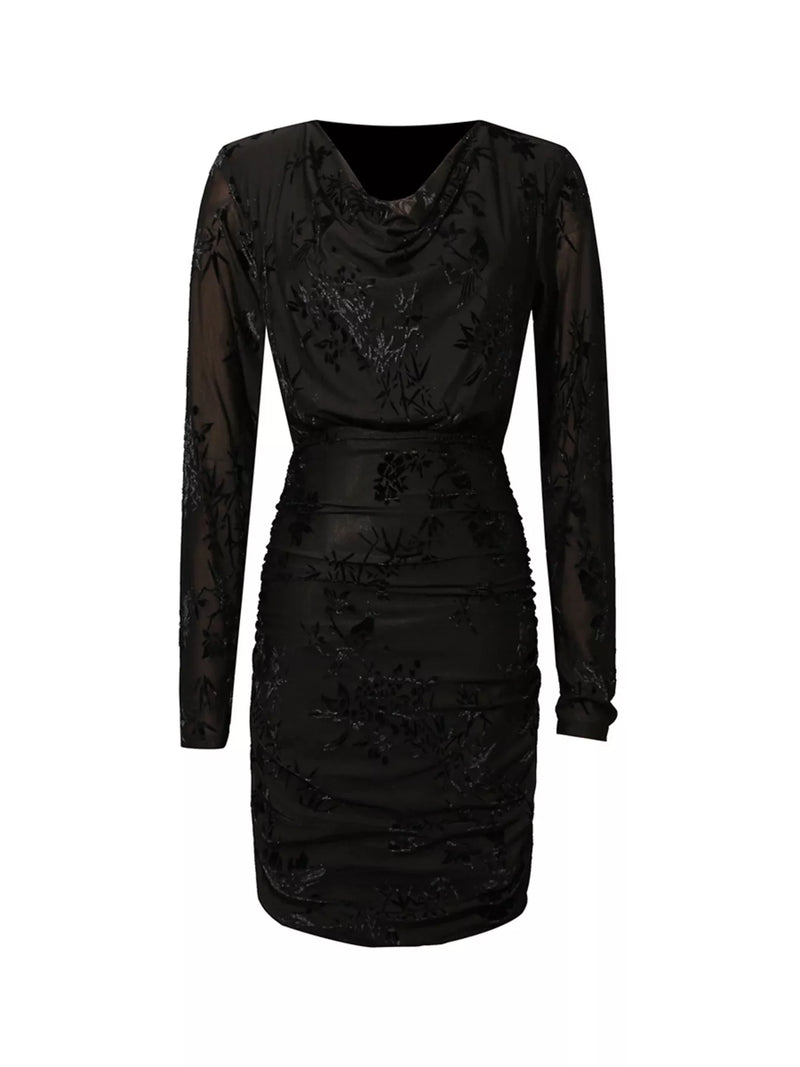 A black long-sleeve cowl-neck bodycon dress with floral lace applique, shown on a plain white background.