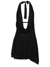 Black halter neck dress with draped design on a white background