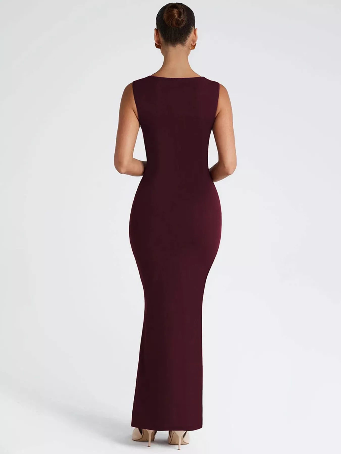 Burgundy evening gown on a white background