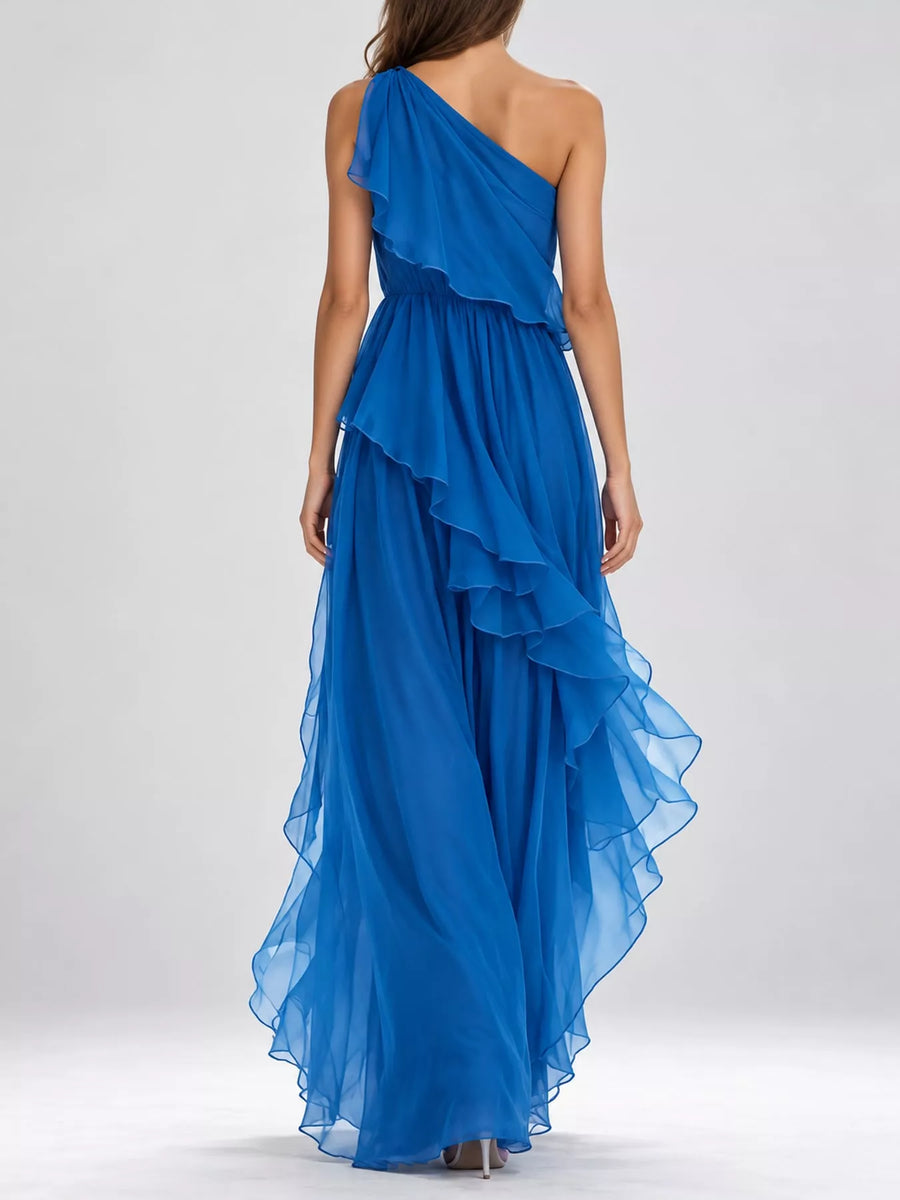A back view of blue One-Shoulder Ruffled Chiffon Maxi Dress