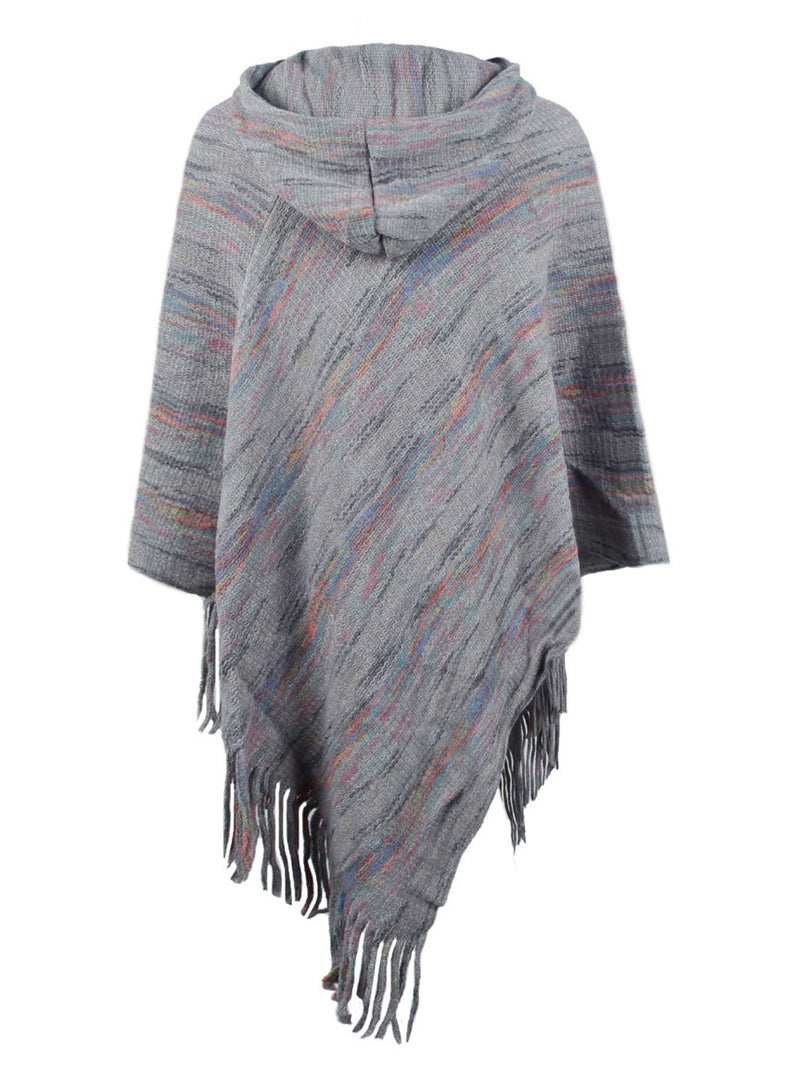 Gray poncho with multicolor stripes and fringes on a white background