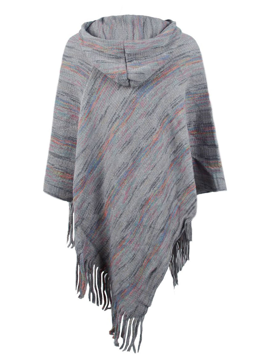 Gray poncho with multicolor stripes and fringes on a white background