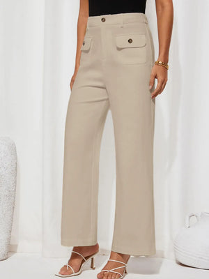 Beige wide-leg pants worn by a person on a white background
