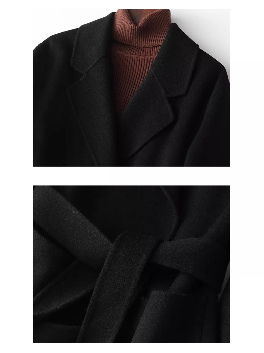 A close-up of a black belted coat or wrap jacket worn over a rust-brown ribbed turtleneck sweater, shown in two stacked detail panels against a plain light background.
