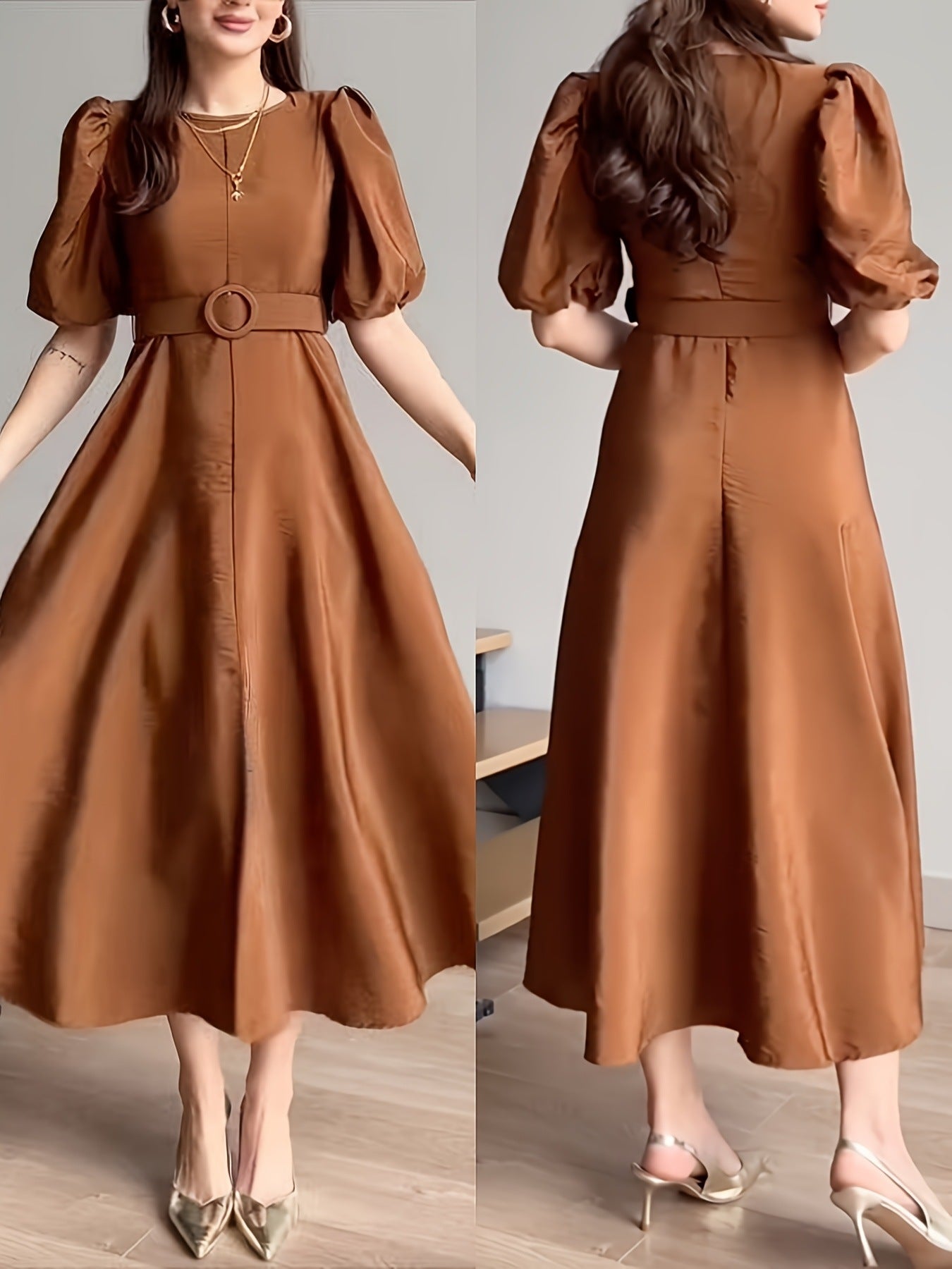 Brown dress with puff sleeves worn by a model on a plain background