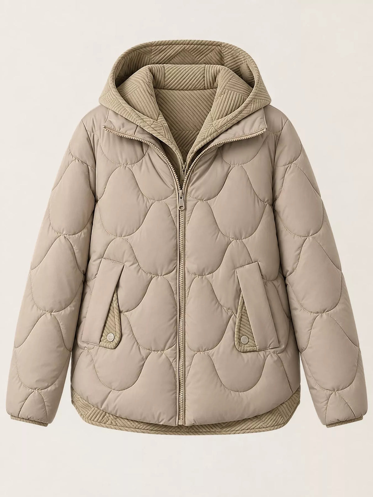 A beige quilted puffer jacket with a hood, shown against a solid off-white background. The jacket features a unique wavy quilting pattern and ribbed trim.