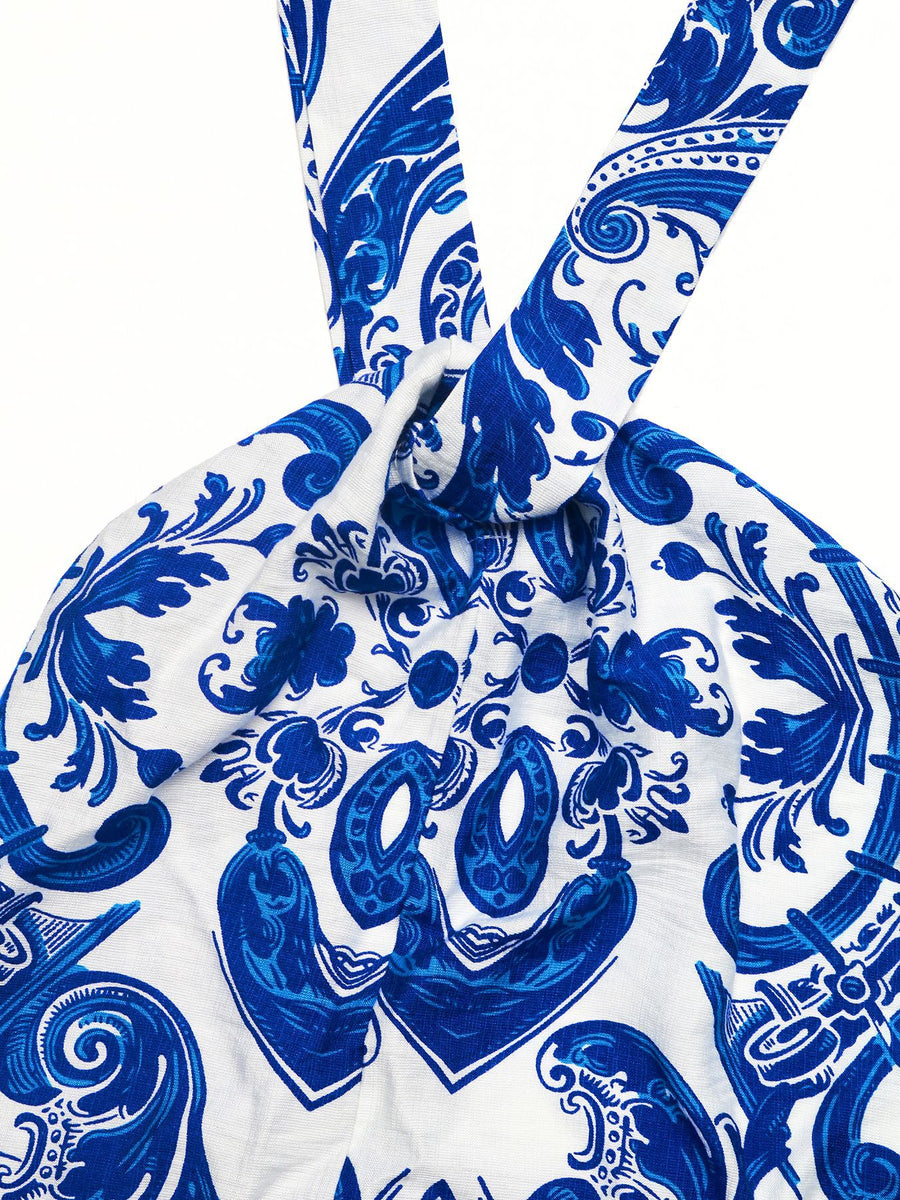 Blue and white patterned fabric with a prominent 'LOVE' design.