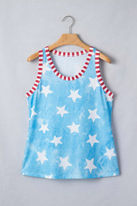 Blue tank top with white star pattern on a hanger against a gray background
