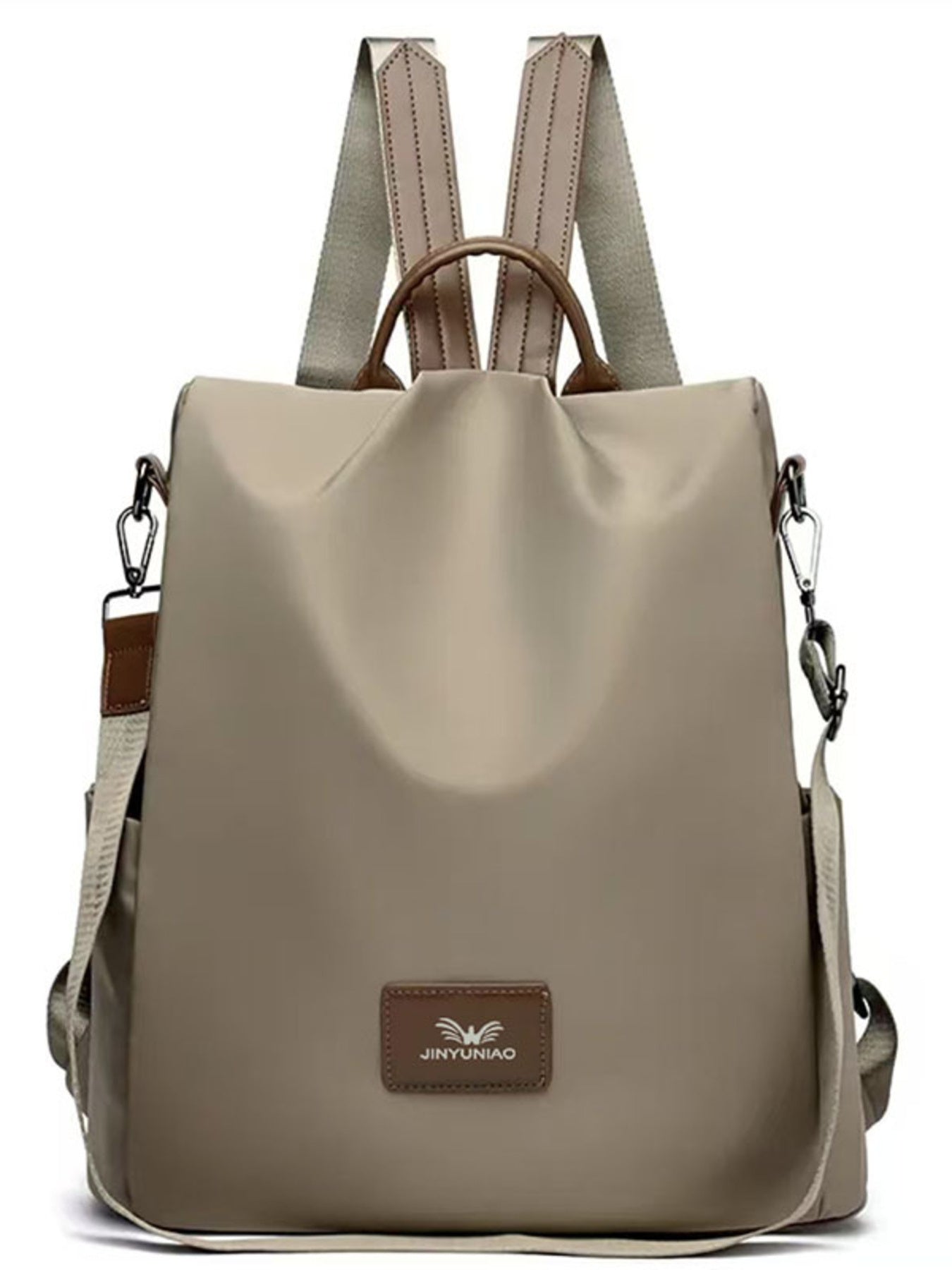 Beige backpack with brown accents on a white background