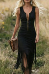 Women Elegant Casual Fringe Zip Front Sleeveless Dress