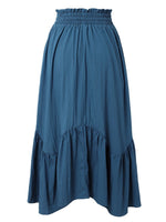 Back view of blue Smocked Waist Band Ruched Layered Skirt