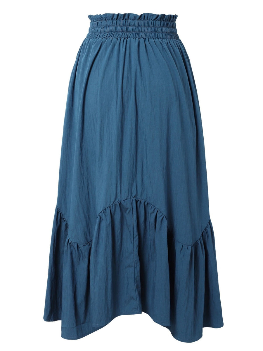 Back view of blue Smocked Waist Band Ruched Layered Skirt