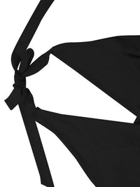 Black bikini top with a tie detail on a white background