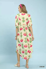 Woman wearing a floral dress on a light blue background