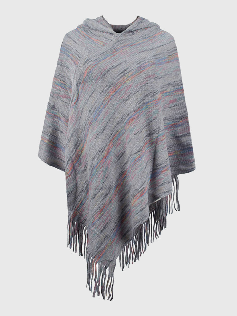 Gray poncho with multicolor stripes and fringes on a white background