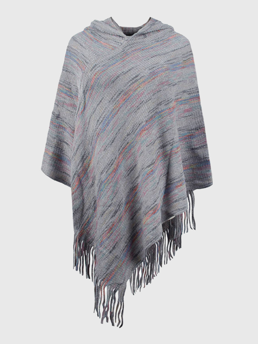 Gray poncho with multicolor stripes and fringes on a white background