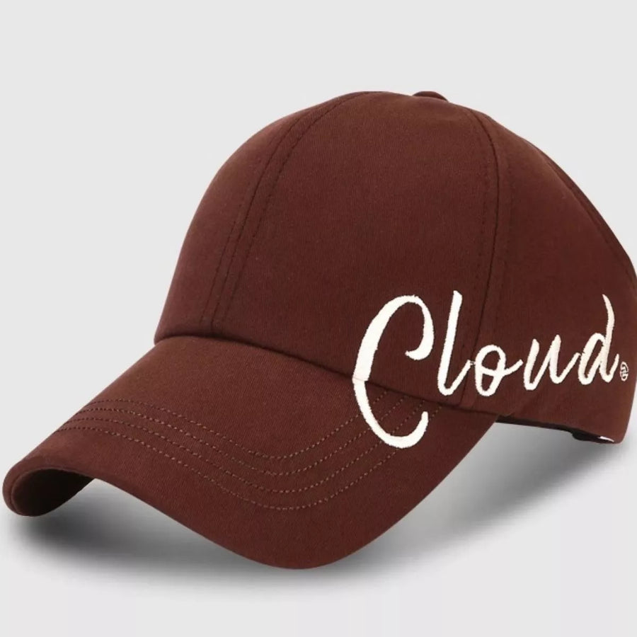Brown cap with 'Cloud' logo on a light gray background