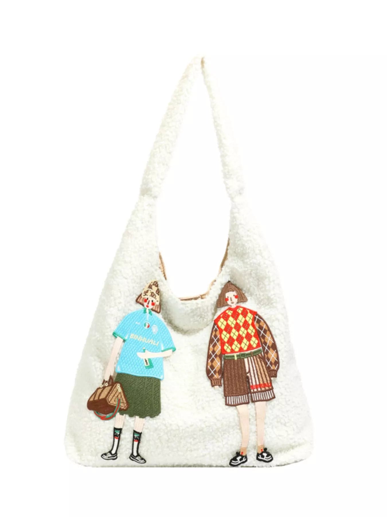White bag with illustrations of people wearing colorful clothing on a white background