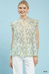 Umgee Floral Print Flutter Sleeve Split Neck Top
