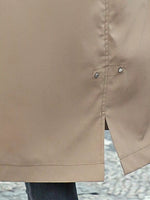 View of the snap at the back of biege Women's Detachable Longline Hooded Parka with Faux Fur Trim and Drawstring Waist