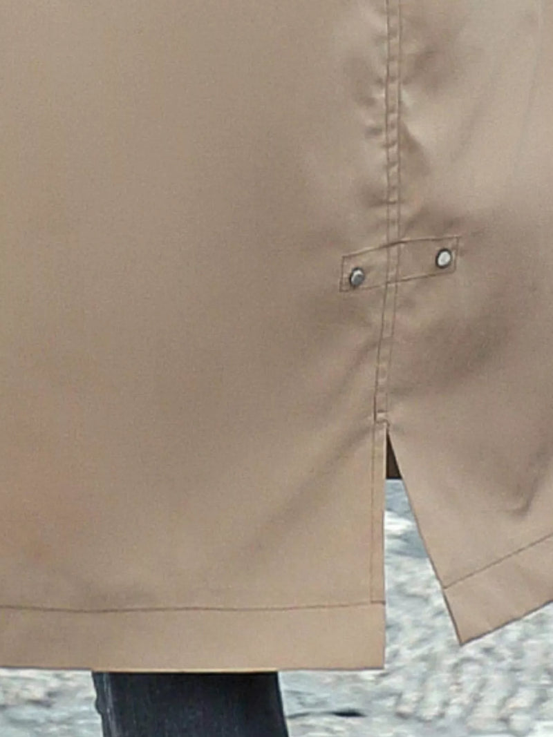 View of the snap at the back of biege Women's Detachable Longline Hooded Parka with Faux Fur Trim and Drawstring Waist