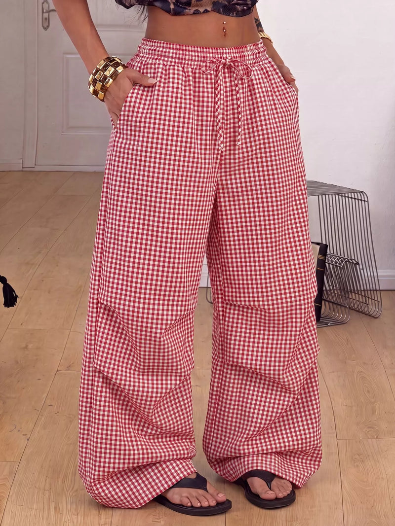 Full view of High-Waisted Gingham Wide-Leg Drawstring Pants For Women