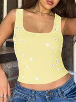A close up of yellow Women's Bead Embellished Square Neck Tank