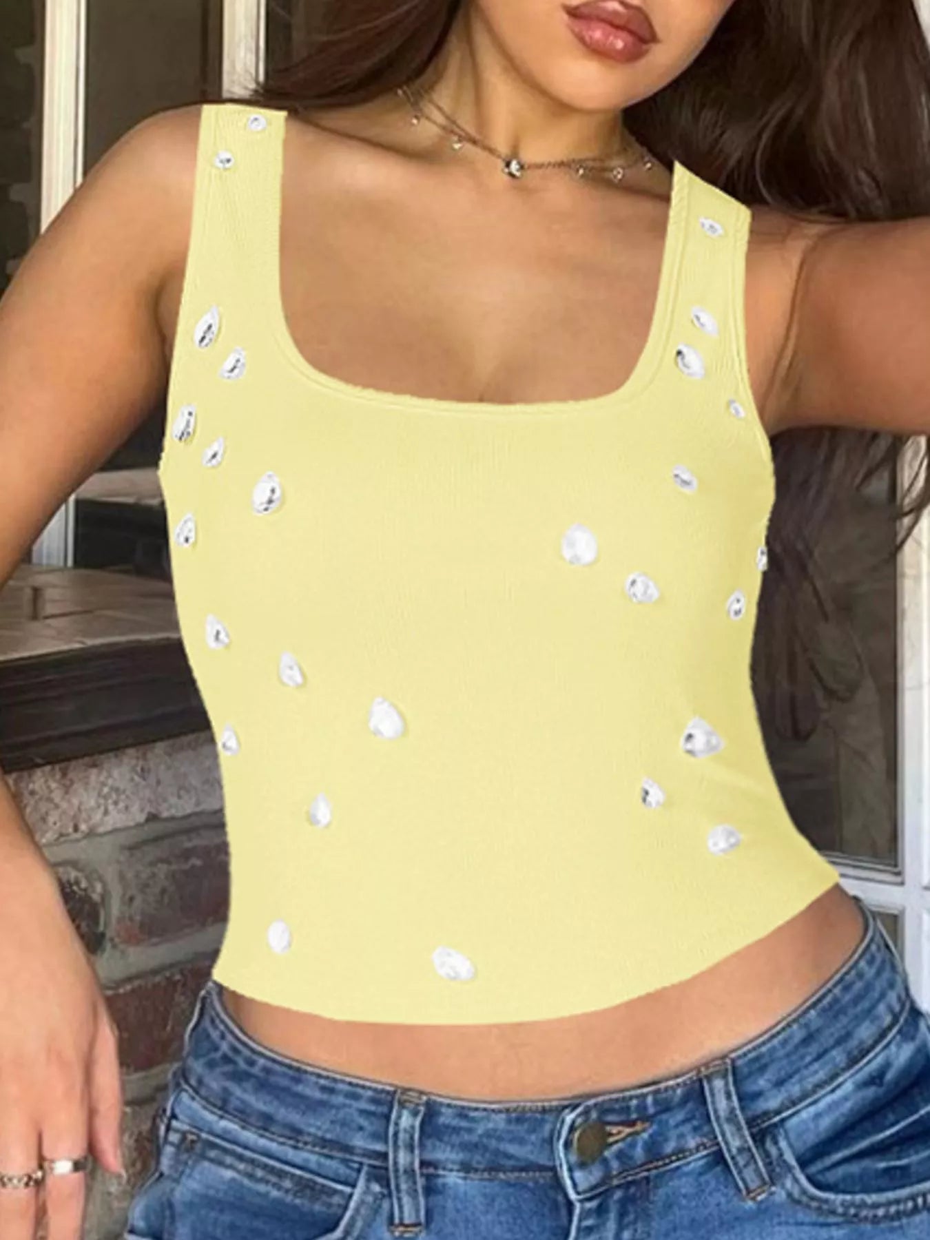 A close up of yellow Women's Bead Embellished Square Neck Tank