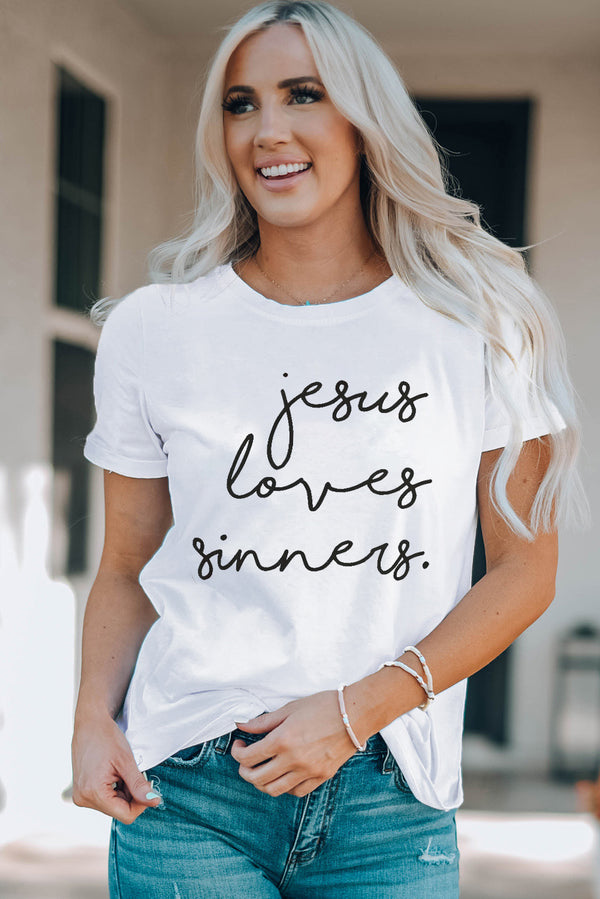 white Letter Graphic Round Neck Short Sleeve T-Shirt