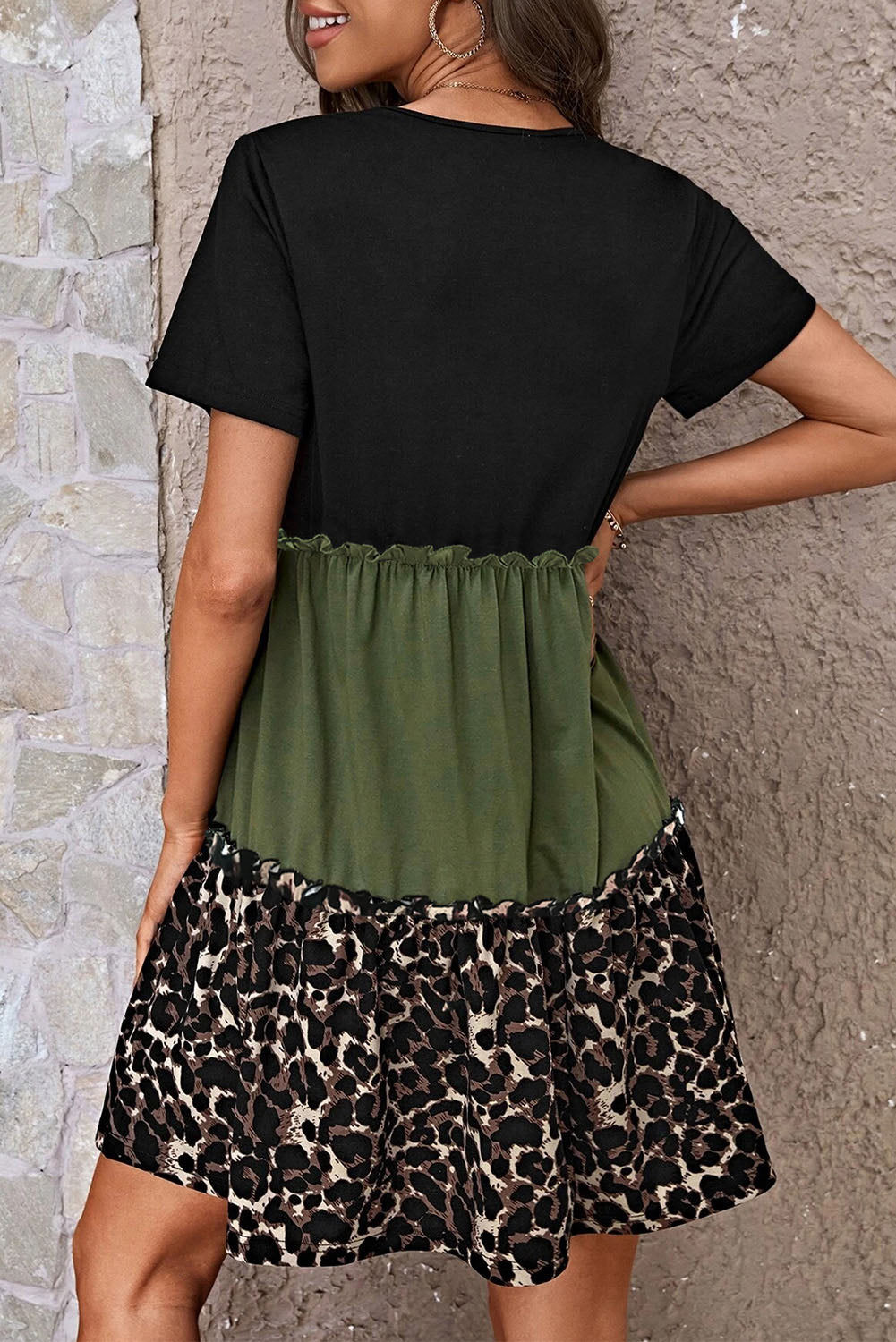 Back view of Leopard Round Neck Short Sleeve Dress