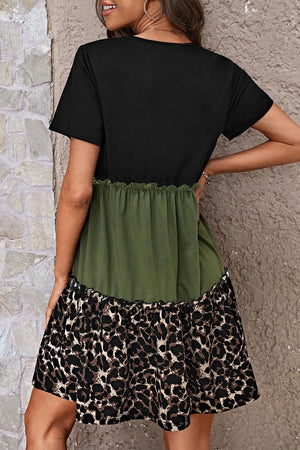 Back view of Leopard Round Neck Short Sleeve Dress