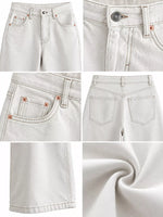 A six-panel collage showing close-up views of light-wash denim shorts: front pocket area, button and waistband detail, back pocket detail, back pocket view, hem detail, and fabric texture swatch.