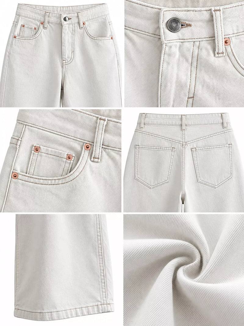 A six-panel collage showing close-up views of light-wash denim shorts: front pocket area, button and waistband detail, back pocket detail, back pocket view, hem detail, and fabric texture swatch.