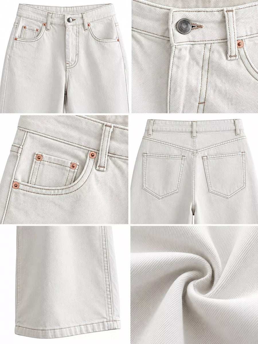A six-panel collage showing close-up views of light-wash denim shorts: front pocket area, button and waistband detail, back pocket detail, back pocket view, hem detail, and fabric texture swatch.