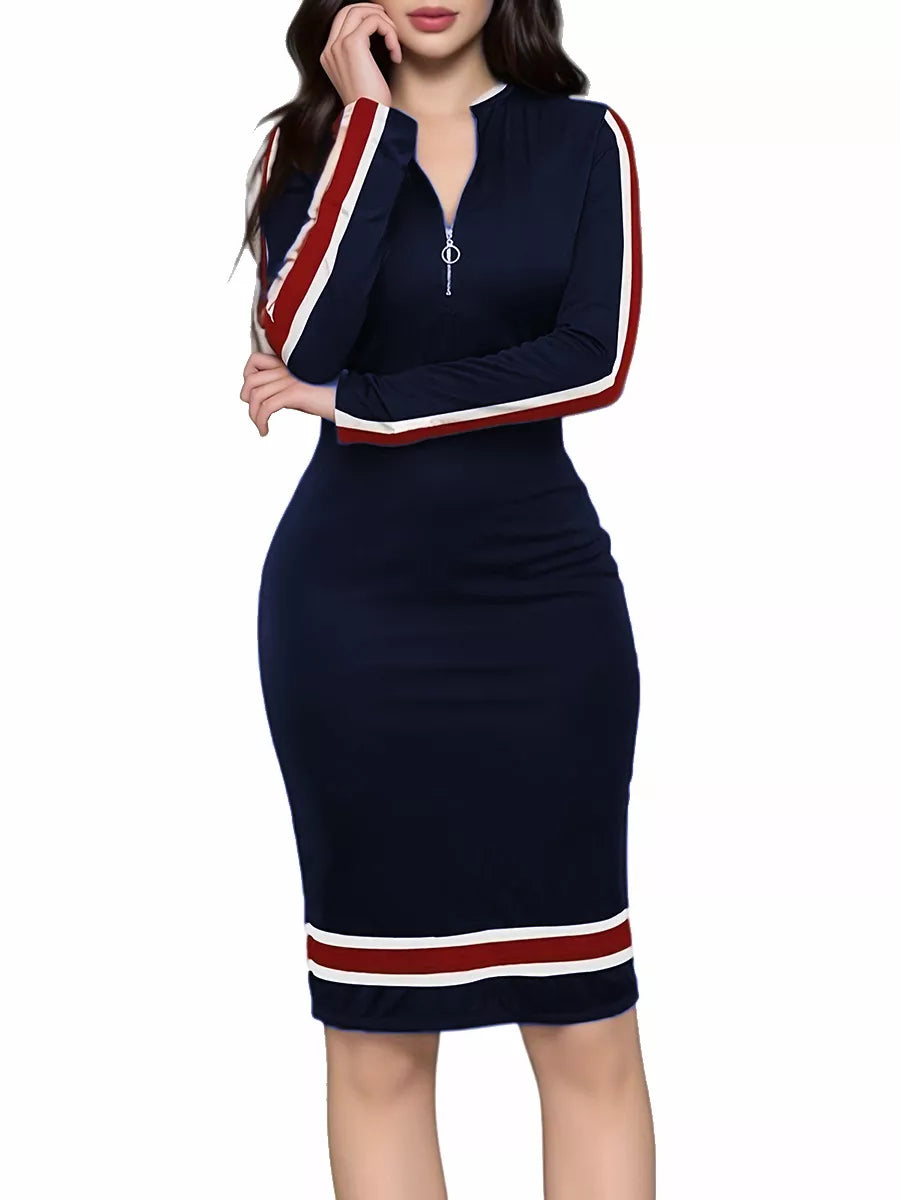 Navy dress with red and white stripes on a white background