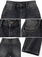 A five-panel close-up collage of dark gray washed denim shorts, showing the front waistband and pocket, the button closure and belt loop, the side pocket detail, the back pockets, and the hem.
