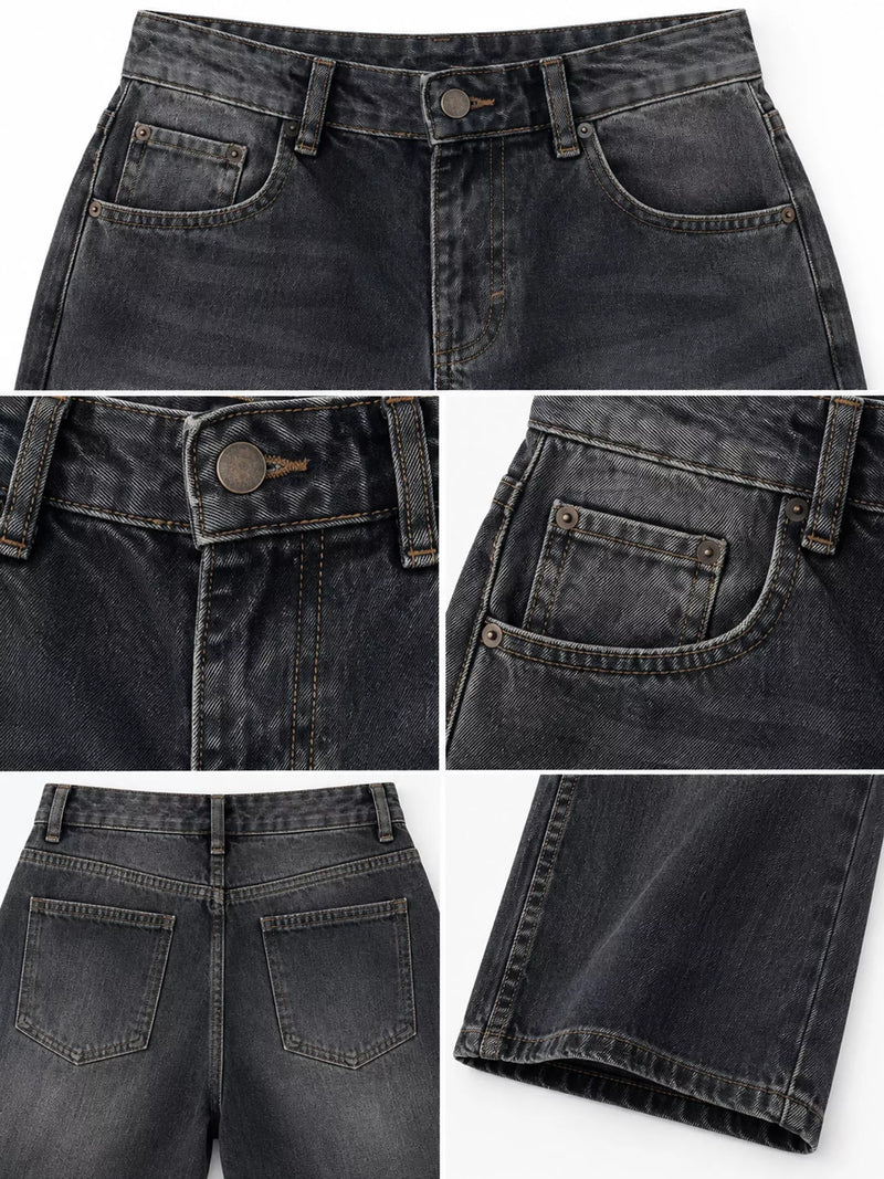 A five-panel close-up collage of dark gray washed denim shorts, showing the front waistband and pocket, the button closure and belt loop, the side pocket detail, the back pockets, and the hem.