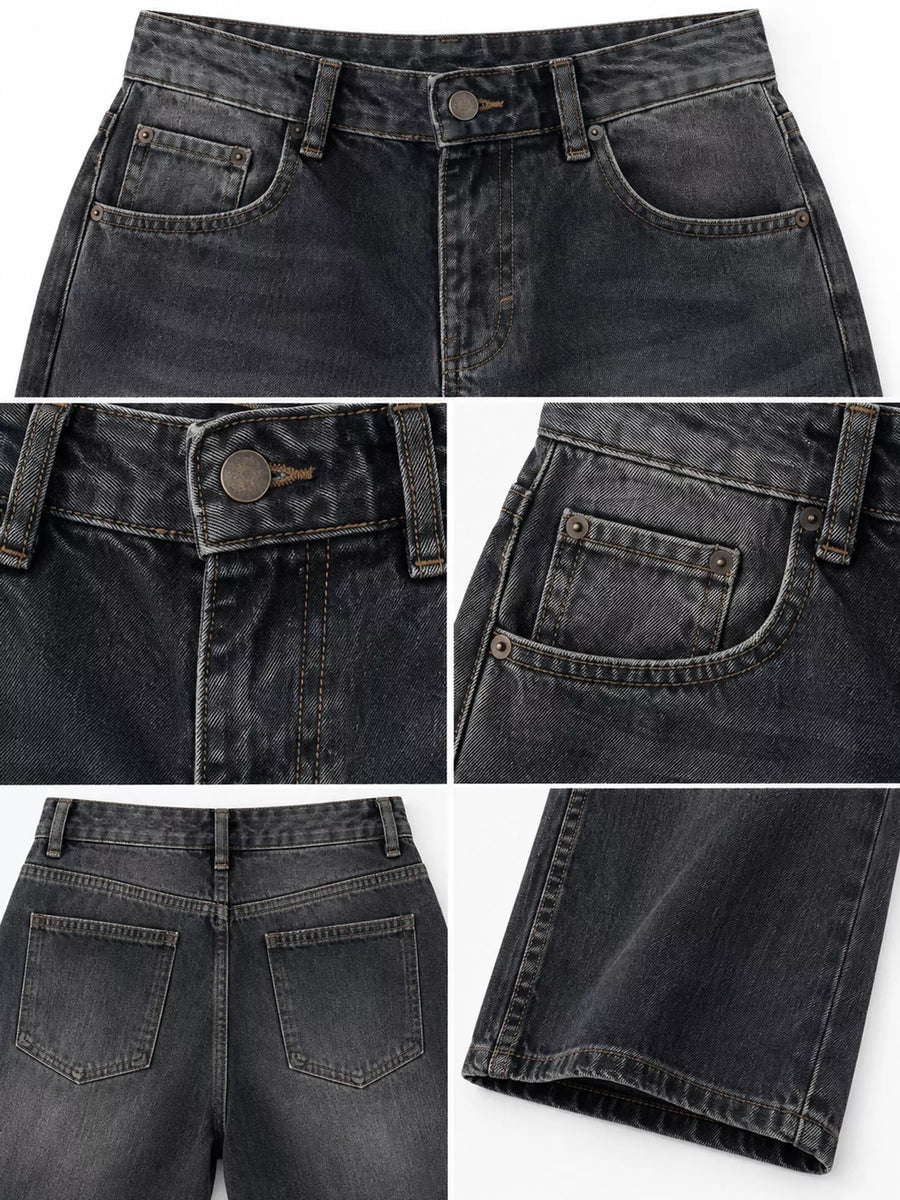 A five-panel close-up collage of dark gray washed denim shorts, showing the front waistband and pocket, the button closure and belt loop, the side pocket detail, the back pockets, and the hem.