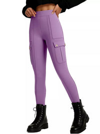 Purple cargo leggings worn by a person on a white background