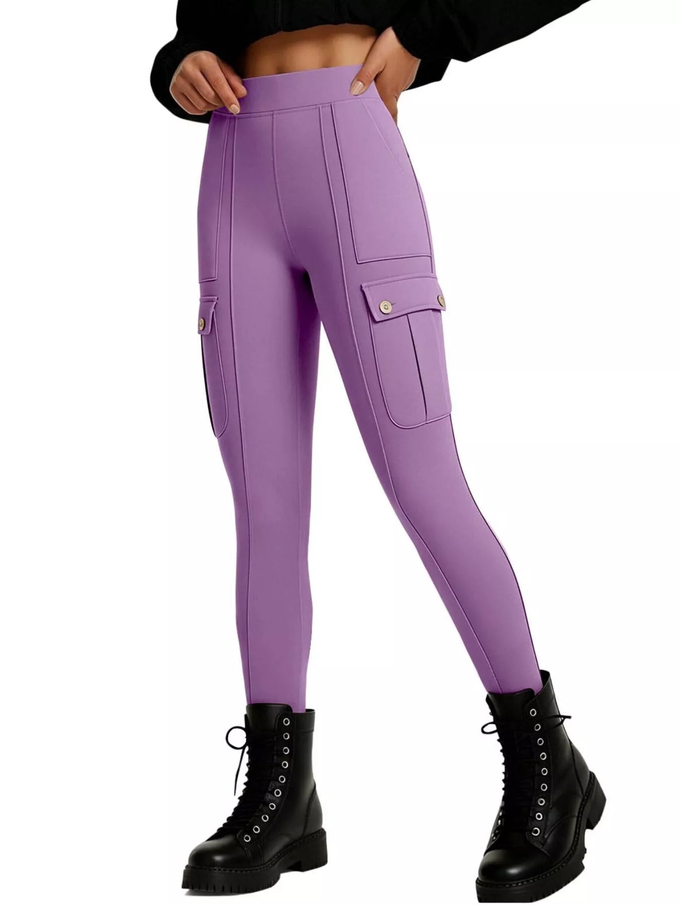 Purple cargo leggings worn by a person on a white background