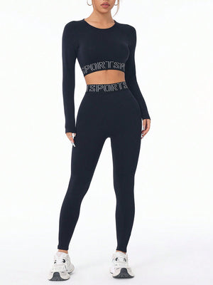 Black Letter Print Round Neck Long Sleeve Top and Leggings Active Set