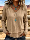 V-Neck Long Sleeve Blouse with Frayed Hem Detail