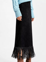 This icture shows the side of the High-Waisted Fringe Midi Skirt