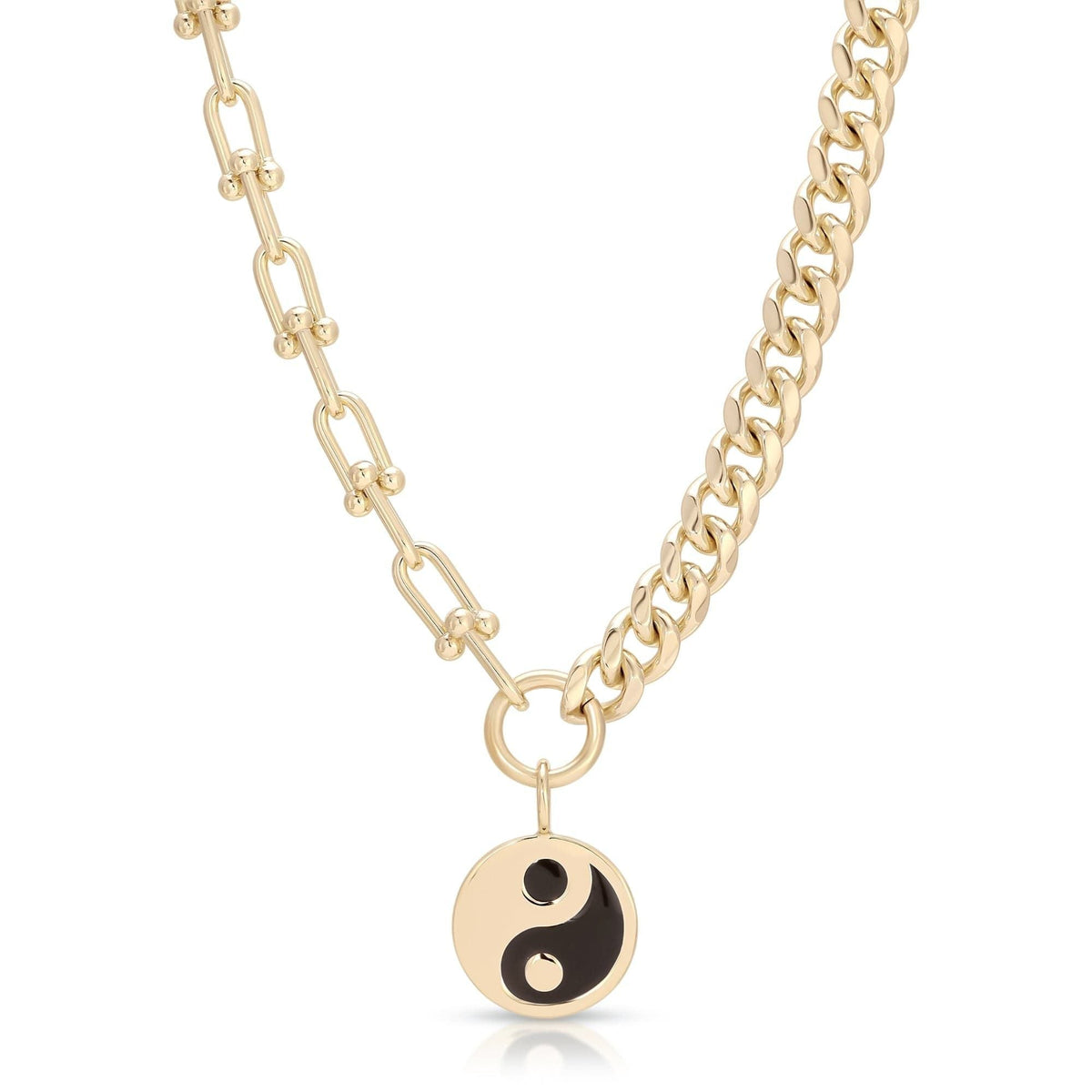 zoom in view of Dual Chain Necklace With Lage Enamel Yin Yang Pendant