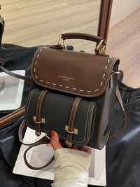 Brown and black leather handbag held by a person with a blurred background