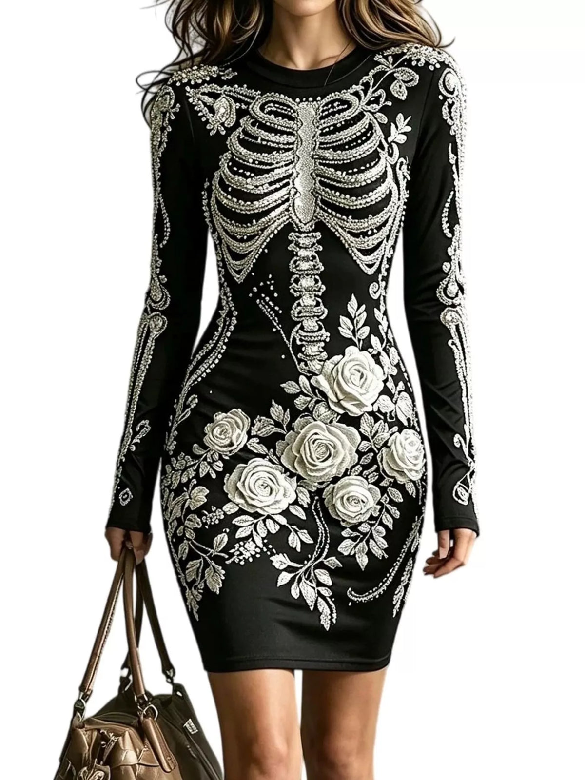 A woman wearing a fitted long-sleeve black dress with large white skeleton ribcage and floral rose embroidery, holding a brown handbag against a plain white background.